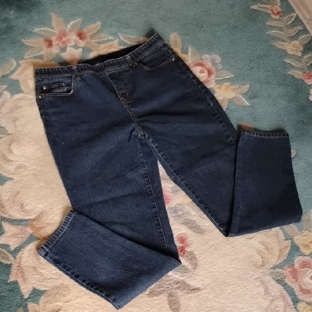 DG2 by Diane Gilman Dark Blue Denim  5 pocket Elastic Waist Jeans Medium EUC